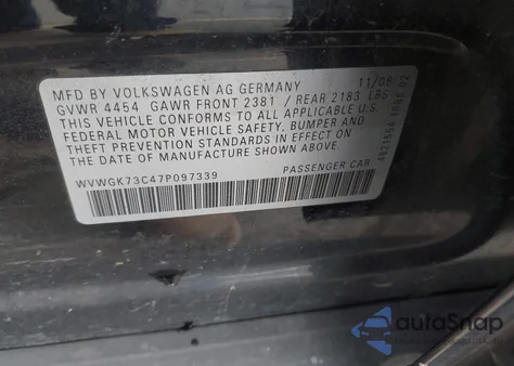 2007 Volkswagen Passat 2.0T z USA, uszkodzony, nr VIN WVWGK73C47P097339